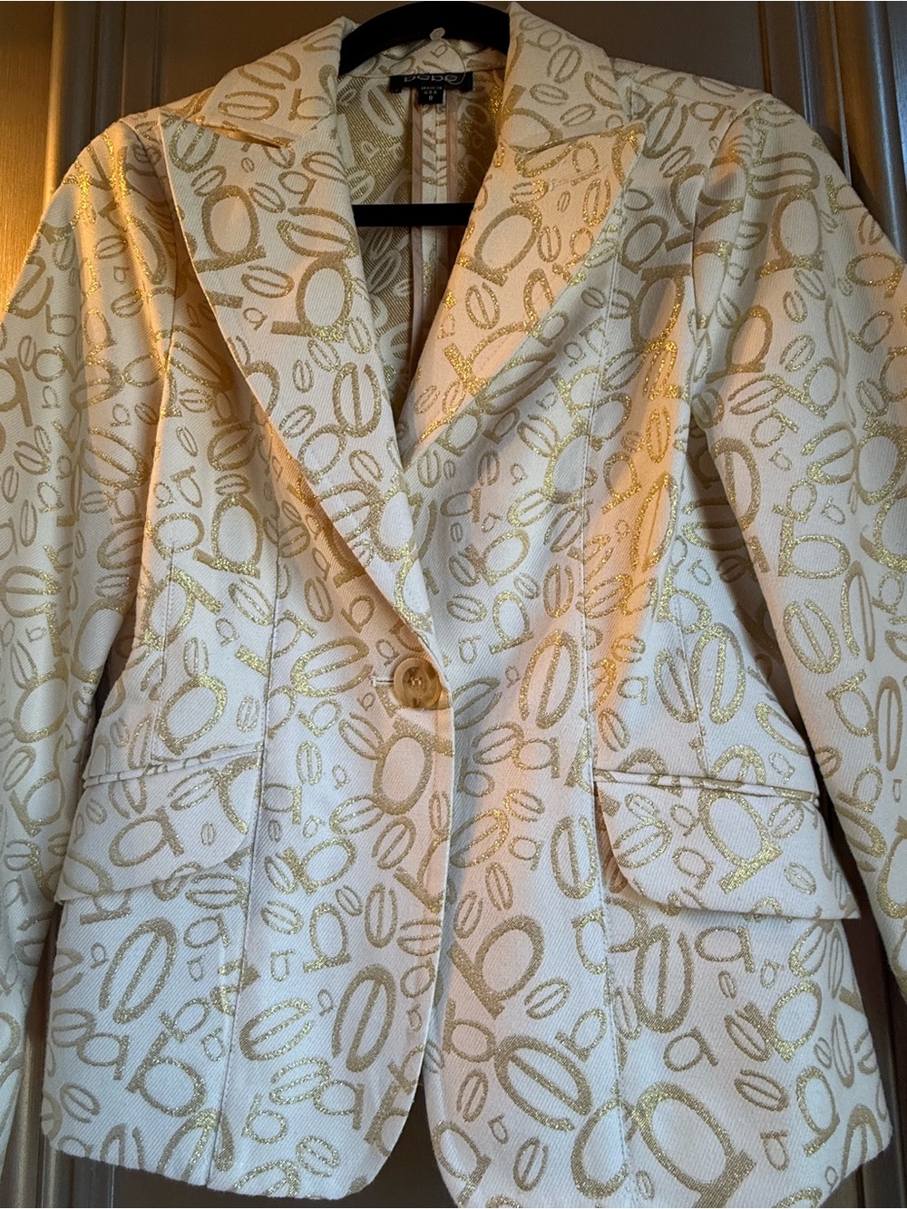 bebe White Blazer with Gold Metallic Pattern